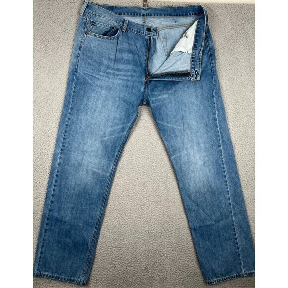 Levis 505 Jeans Men 38x32 Straight Leg Regular Classic Fit Blue Denim Distressed - Picture 1 of 14